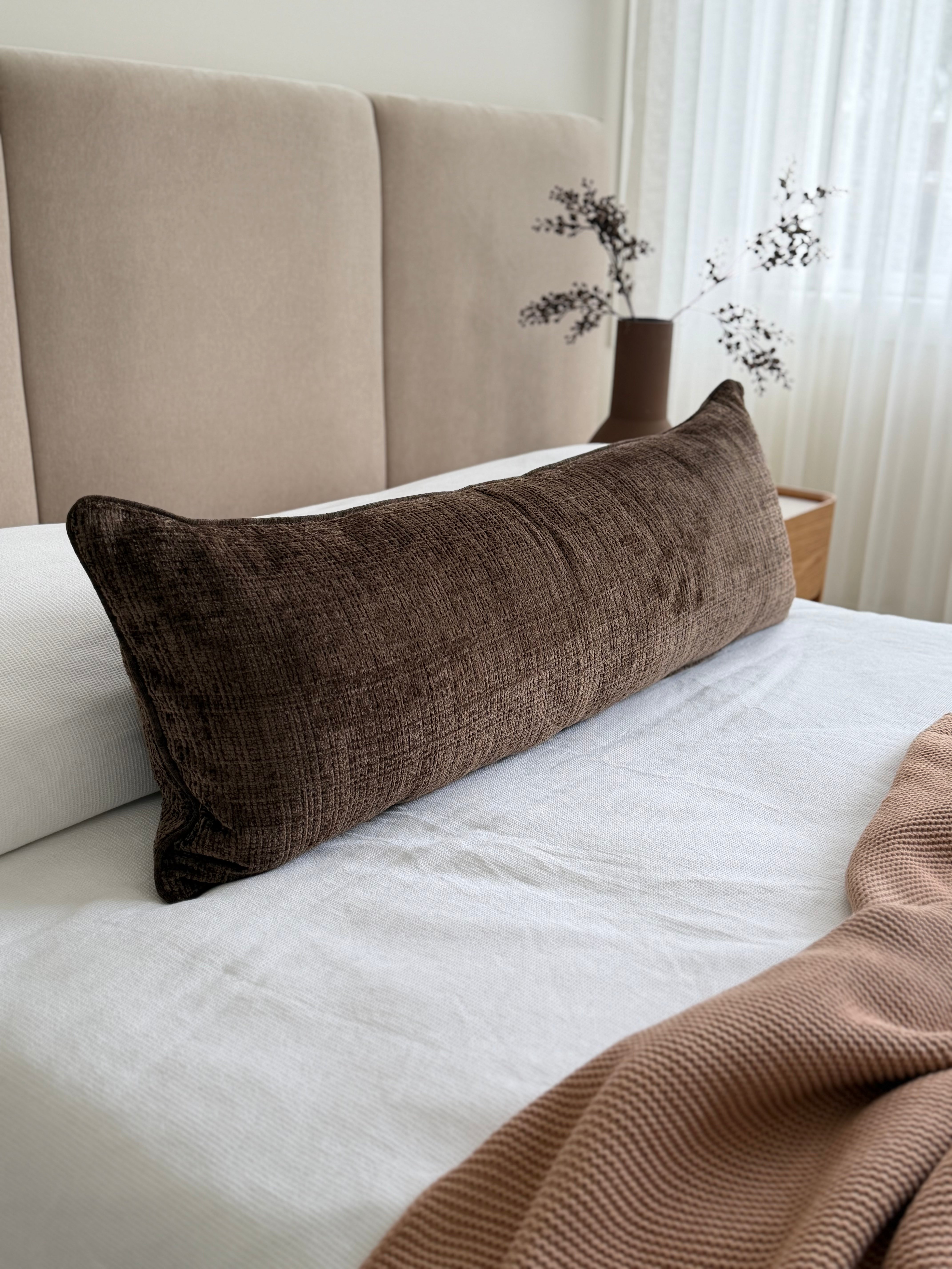 Conway Walnut long lumbar cushion, textured woven brown fabric