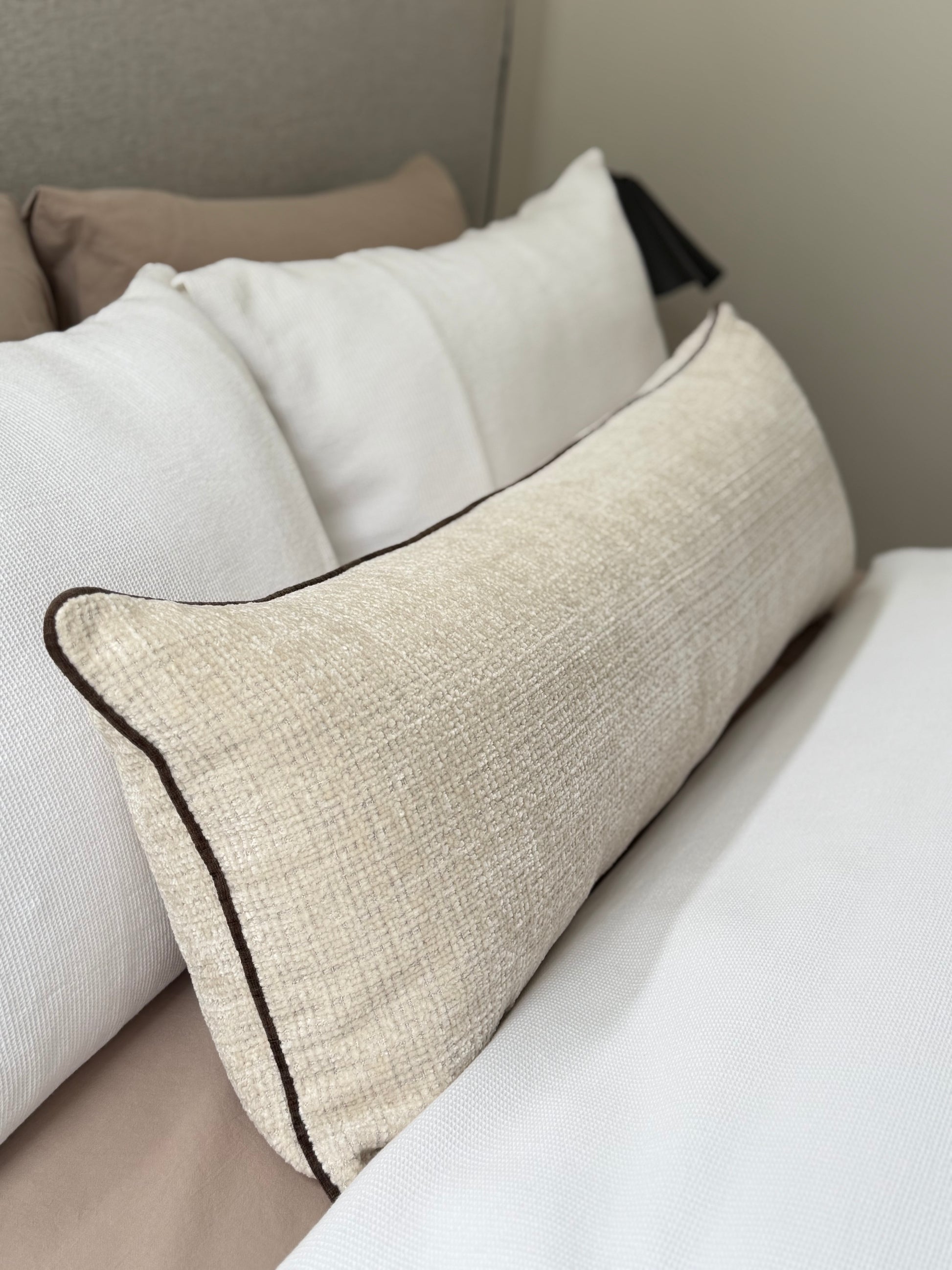 Conway Chalk long lumbar cushion detail, Dion Mocha contrast piping